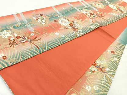 平和屋着物◎六通柄袋帯　唐織　糸巻車花鳥文　金糸　正絹　逸品　BAAN1122cm