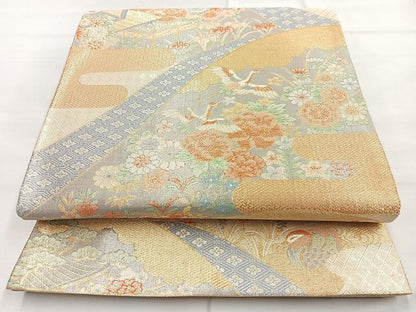平和屋着物◎宝珠本佐賀錦 六通柄袋帯 重ね山飛鶴花文 九百錦 金糸 正絹 逸品 BAAN1139cm