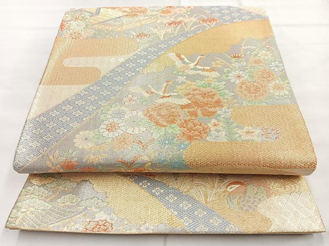 平和屋着物◎宝珠本佐賀錦 六通柄袋帯 重ね山飛鶴花文 九百錦 金糸 正絹 逸品 BAAN1139cm