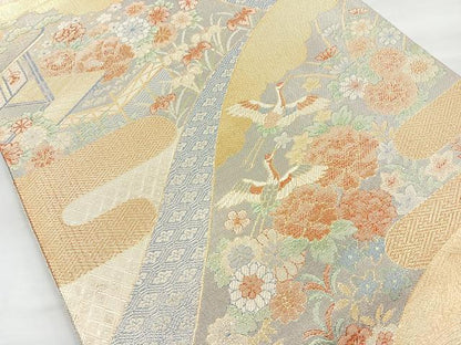 平和屋着物◎宝珠本佐賀錦 六通柄袋帯 重ね山飛鶴花文 九百錦 金糸 正絹 逸品 BAAN1139cm