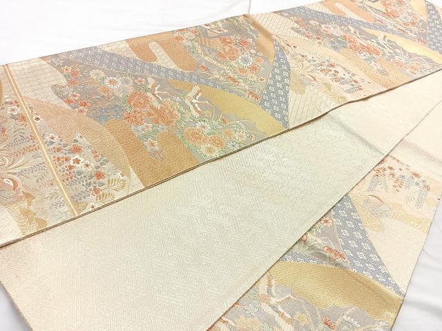 平和屋着物◎宝珠本佐賀錦 六通柄袋帯 重ね山飛鶴花文 九百錦 金糸 正絹 逸品 BAAN1139cm