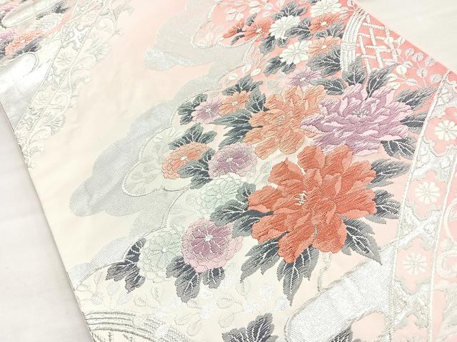 平和屋着物◎六通柄袋帯 唐織 籬花文 銀糸 正絹 逸品 BAAN1140cm