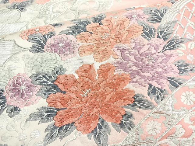 平和屋着物◎六通柄袋帯 唐織 籬花文 銀糸 正絹 逸品 BAAN1140cm