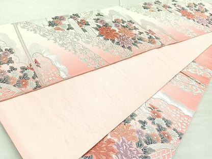 平和屋着物◎六通柄袋帯 唐織 籬花文 銀糸 正絹 逸品 BAAN1140cm
