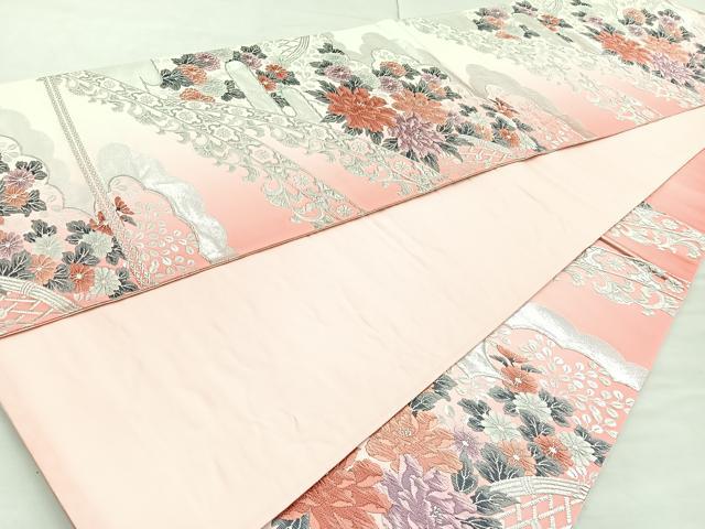 平和屋着物◎六通柄袋帯 唐織 籬花文 銀糸 正絹 逸品 BAAN1140cm