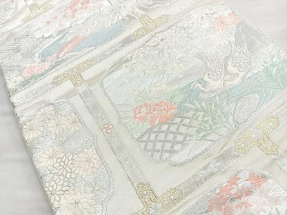 平和屋着物◎六通柄袋帯　唐織　格天井花鳥文　金銀糸　正絹　逸品　BAAN1141cm