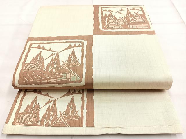 平和屋着物◎六通柄袋帯 市松風景文 正絹 逸品 BAAN1152cm