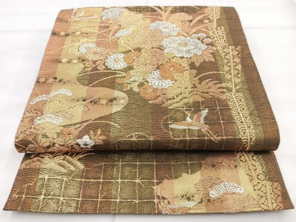 平和屋着物◎六通柄袋帯 雲取飛鶴花文 金糸 正絹 逸品 BAAN1165cm