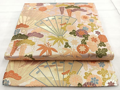 平和屋着物◎六通柄袋帯 唐織 桧扇籠目草花文 金糸 正絹 逸品 BAAN1181cm