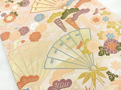 平和屋着物◎六通柄袋帯 唐織 桧扇籠目草花文 金糸 正絹 逸品 BAAN1181cm