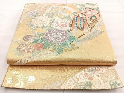 平和屋着物◎六通柄袋帯 唐織 御所車孔雀花文 金糸 正絹 逸品 BAAN1192cm