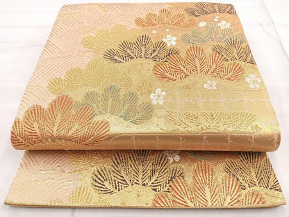 平和屋着物◎六通柄袋帯 エ霞松花文 金糸 正絹 逸品 BAAN2110cm