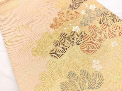 平和屋着物◎六通柄袋帯 エ霞松花文 金糸 正絹 逸品 BAAN2110cm