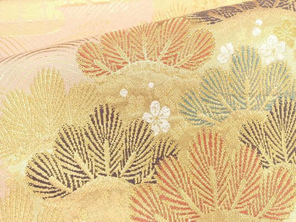 平和屋着物◎六通柄袋帯 エ霞松花文 金糸 正絹 逸品 BAAN2110cm
