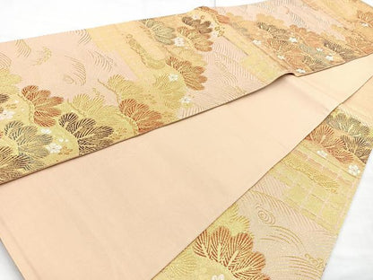 平和屋着物◎六通柄袋帯 エ霞松花文 金糸 正絹 逸品 BAAN2110cm