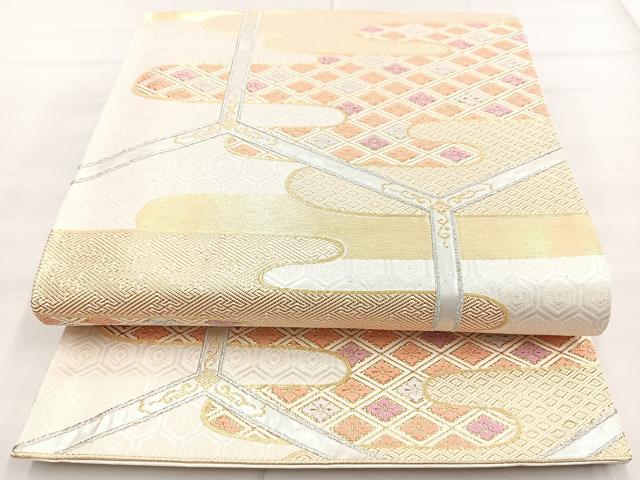 平和屋着物◎六通柄袋帯 エ霞亀甲花文 金銀糸 正絹 逸品 BAAN2124cm
