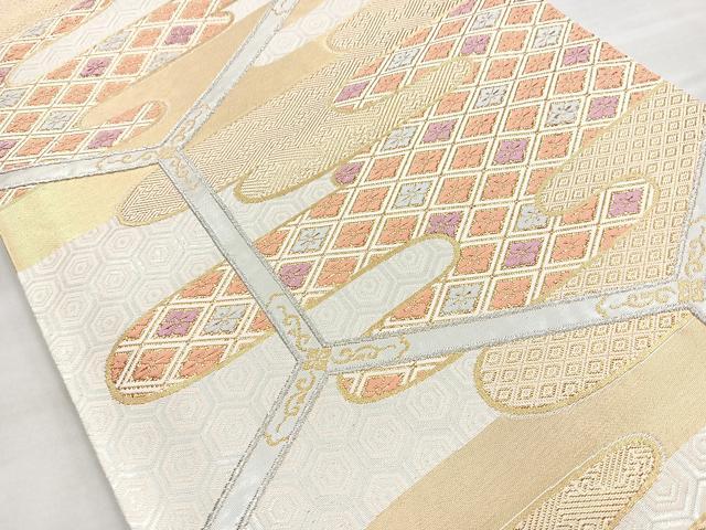 平和屋着物◎六通柄袋帯 エ霞亀甲花文 金銀糸 正絹 逸品 BAAN2124cm