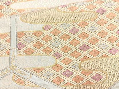 平和屋着物◎六通柄袋帯 エ霞亀甲花文 金銀糸 正絹 逸品 BAAN2124cm