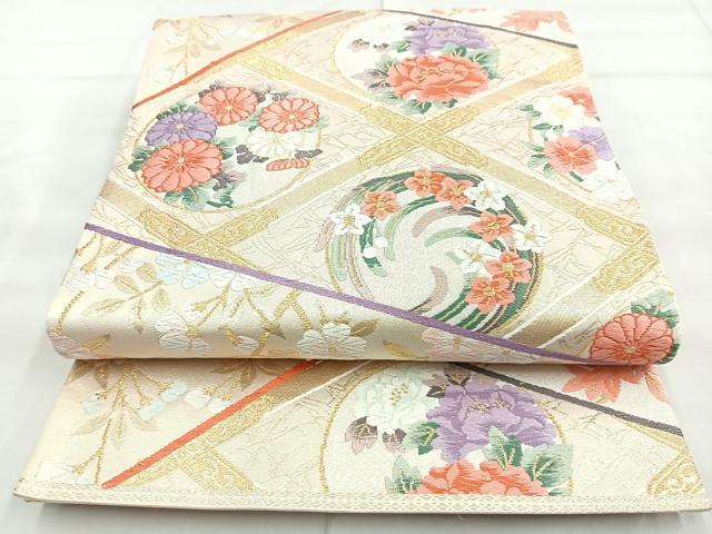 平和屋着物◎六通柄袋帯 唐織 切嵌菱花文 金糸 正絹 逸品 BAAN2126cm