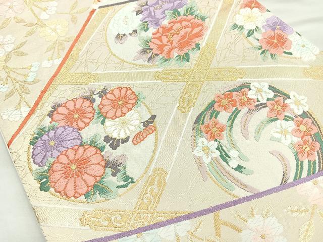 平和屋着物◎六通柄袋帯 唐織 切嵌菱花文 金糸 正絹 逸品 BAAN2126cm