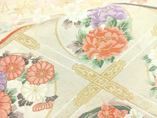 平和屋着物◎六通柄袋帯 唐織 切嵌菱花文 金糸 正絹 逸品 BAAN2126cm