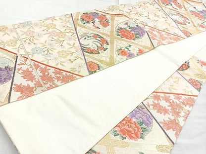 平和屋着物◎六通柄袋帯 唐織 切嵌菱花文 金糸 正絹 逸品 BAAN2126cm