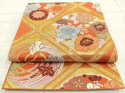 平和屋着物◎六通柄袋帯 唐織 菱天井花文 金糸 正絹 逸品 BAAN2129cm