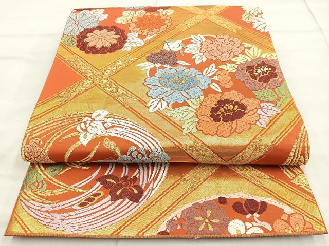 平和屋着物◎六通柄袋帯 唐織 菱天井花文 金糸 正絹 逸品 BAAN2129cm