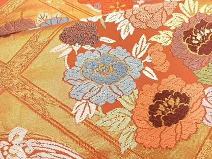 平和屋着物◎六通柄袋帯 唐織 菱天井花文 金糸 正絹 逸品 BAAN2129cm