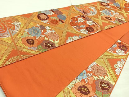 平和屋着物◎六通柄袋帯 唐織 菱天井花文 金糸 正絹 逸品 BAAN2129cm