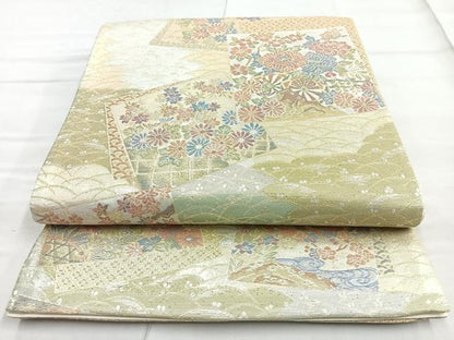 平和屋着物◎六通柄袋帯　翔響錦　色紙花車文　金銀糸　正絹　逸品　BAAN2143cm
