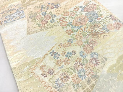 平和屋着物◎六通柄袋帯　翔響錦　色紙花車文　金銀糸　正絹　逸品　BAAN2143cm