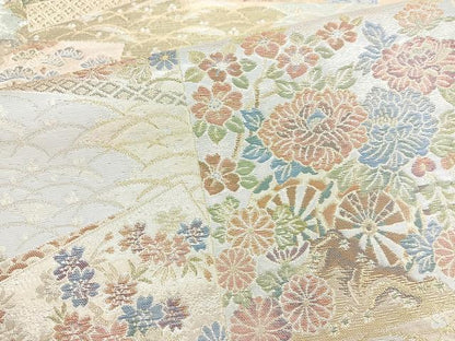 平和屋着物◎六通柄袋帯　翔響錦　色紙花車文　金銀糸　正絹　逸品　BAAN2143cm