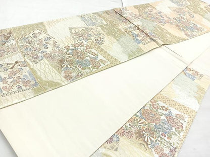 平和屋着物◎六通柄袋帯　翔響錦　色紙花車文　金銀糸　正絹　逸品　BAAN2143cm