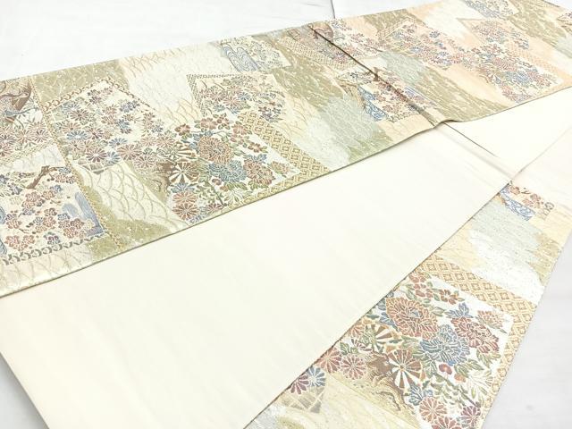 平和屋着物◎六通柄袋帯　翔響錦　色紙花車文　金銀糸　正絹　逸品　BAAN2143cm