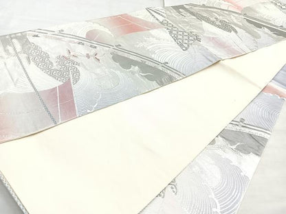 平和屋着物◎六通柄袋帯　唐織　渡橋飛鶴文　プラチナ箔　正絹　逸品　BAAN2151cm