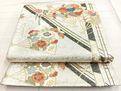 平和屋着物◎六通柄袋帯 唐織 扇面花文 黒地 金銀糸 正絹 逸品 BAAN2156cm