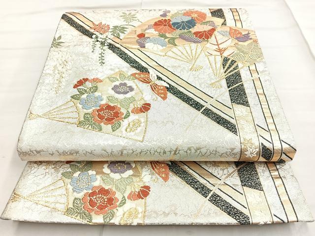 平和屋着物◎六通柄袋帯 唐織 扇面花文 黒地 金銀糸 正絹 逸品 BAAN2156cm