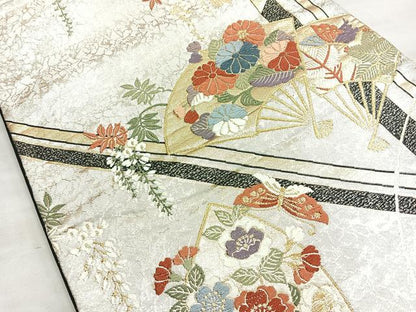 平和屋着物◎六通柄袋帯 唐織 扇面花文 黒地 金銀糸 正絹 逸品 BAAN2156cm