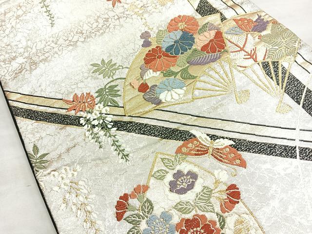 平和屋着物◎六通柄袋帯 唐織 扇面花文 黒地 金銀糸 正絹 逸品 BAAN2156cm