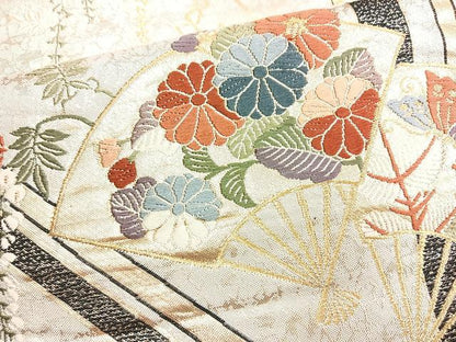 平和屋着物◎六通柄袋帯 唐織 扇面花文 黒地 金銀糸 正絹 逸品 BAAN2156cm