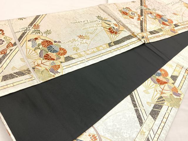 平和屋着物◎六通柄袋帯 唐織 扇面花文 黒地 金銀糸 正絹 逸品 BAAN2156cm