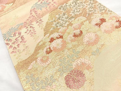 平和屋着物◎六通柄袋帯　唐織　草花文　金糸　正絹　逸品　BAAN2175cm