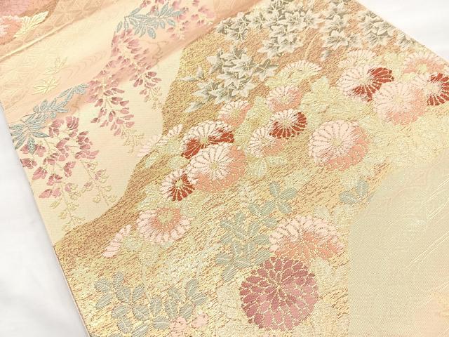 平和屋着物◎六通柄袋帯　唐織　草花文　金糸　正絹　逸品　BAAN2175cm