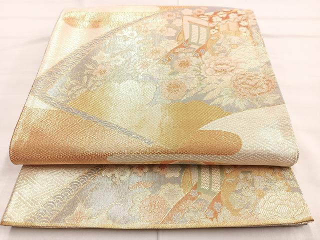 平和屋着物◎佐賀錦 六通柄袋帯 地紙御所車花文 金糸 正絹 逸品 BAAN2197cm