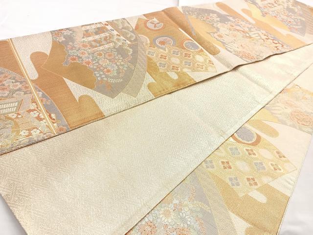 平和屋着物◎佐賀錦 六通柄袋帯 地紙御所車花文 金糸 正絹 逸品 BAAN2197cm