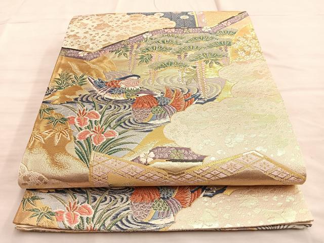平和屋着物■六通柄袋帯　流水鴛鴦草花文　金糸　正絹　逸品　BAAN2646du