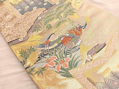平和屋着物■六通柄袋帯　流水鴛鴦草花文　金糸　正絹　逸品　BAAN2646du