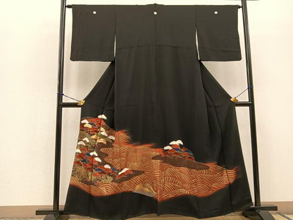 平和屋着物■豪華黒留袖 駒刺繍 浜松文 金彩 正絹 逸品 BAAN2993hv