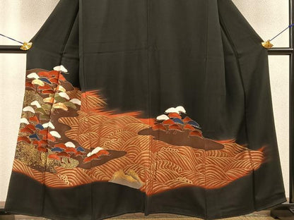 平和屋着物■豪華黒留袖 駒刺繍 浜松文 金彩 正絹 逸品 BAAN2993hv